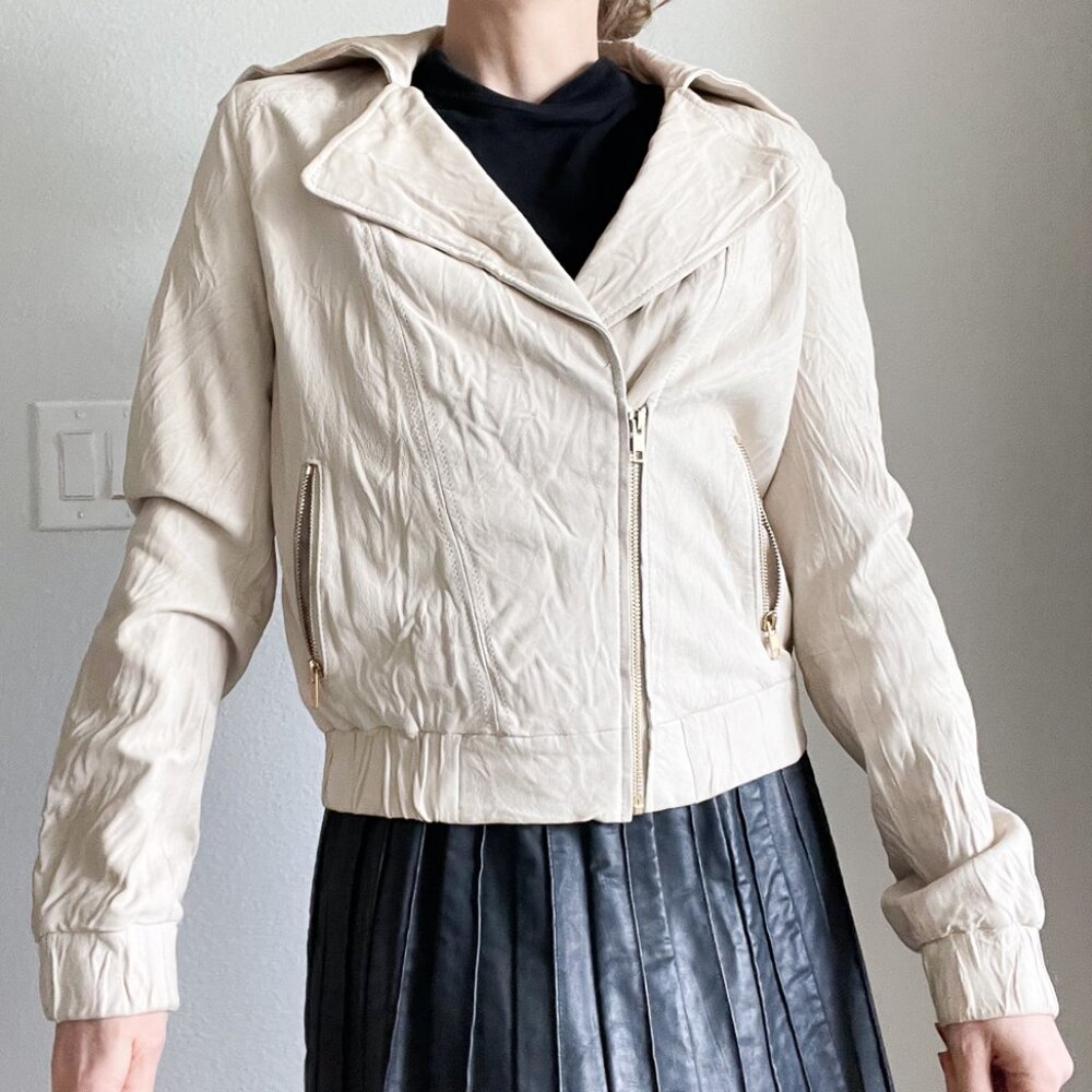 Vintage Express Genuine Leather Moto Jacket – Ivory Cream | Size Small